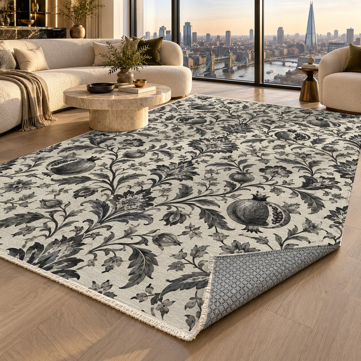 Pomegranate Garden Charcoal Ethnic Washable Rug — london luxury living