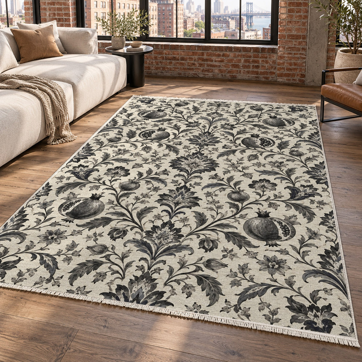 Pomegranate Garden Charcoal Ethnic Washable Rug — new york living