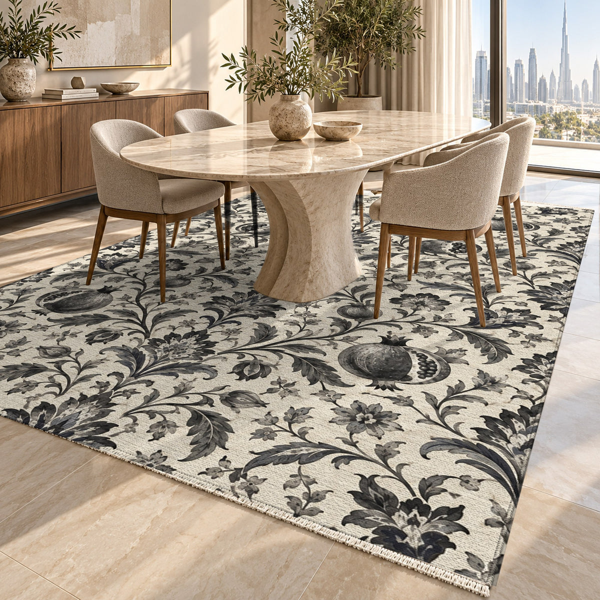Pomegranate Garden Charcoal Ethnic Washable Rug — dubai dining