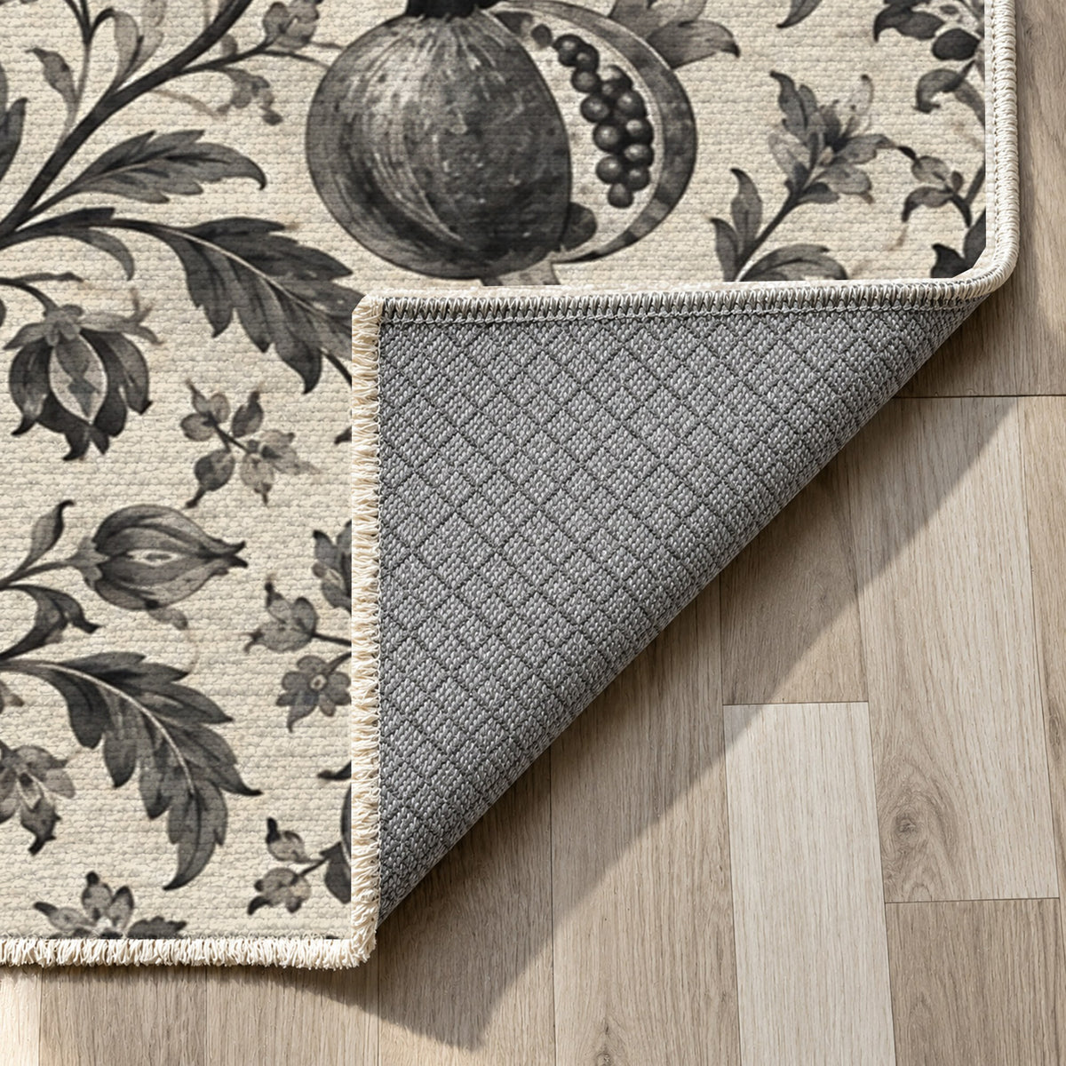 Pomegranate Garden Charcoal Ethnic Washable Rug — backing close up