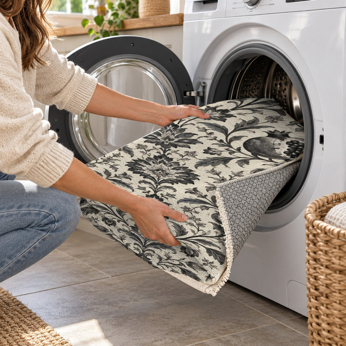 Pomegranate Garden Charcoal Ethnic Washable Rug — washing machine