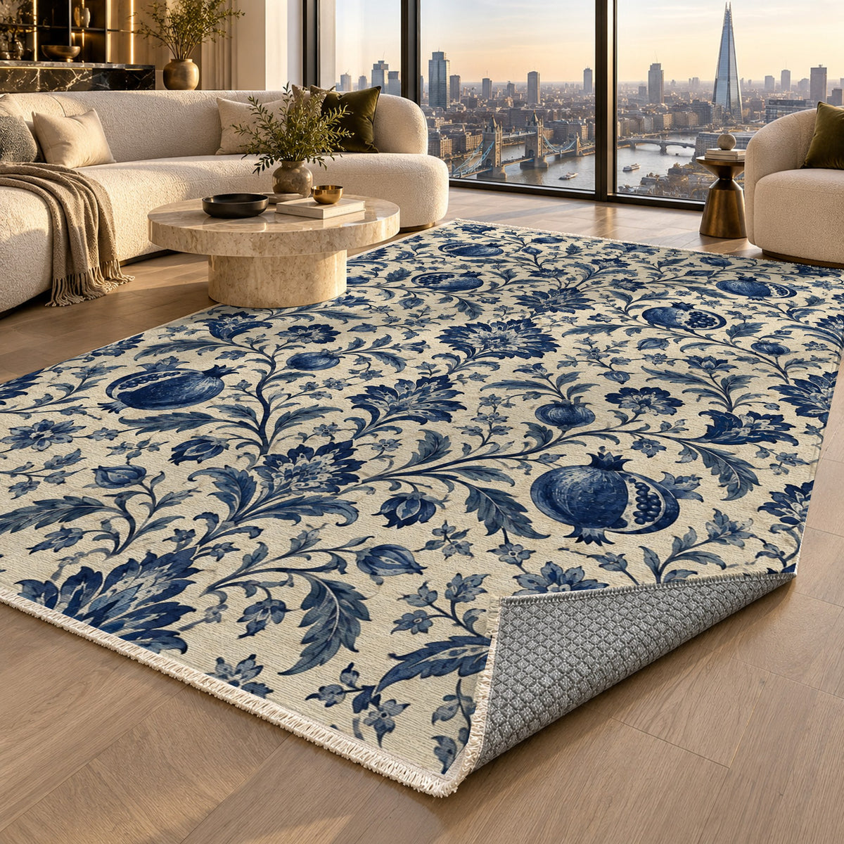Pomegranate Garden Indigo Ethnic Washable Rug — london luxury living