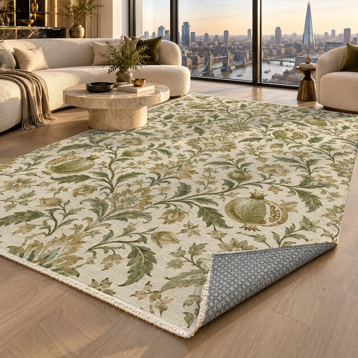 Pomegranate Garden Sage Ethnic Washable Rug — london luxury living