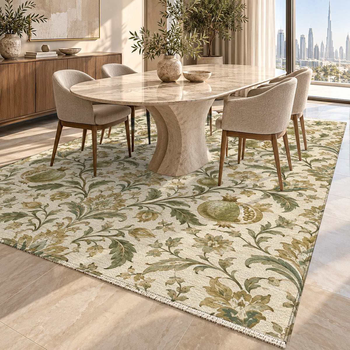 Pomegranate Garden Sage Ethnic Washable Rug — dubai dining