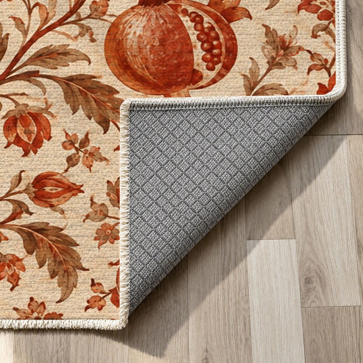 Pomegranate Garden Terracotta Ethnic Washable Rug — backing close up