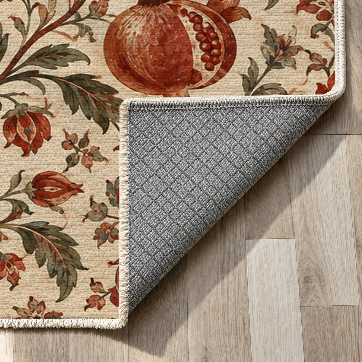 Pomegranate Garden Ethnic Washable Rug — backing close up