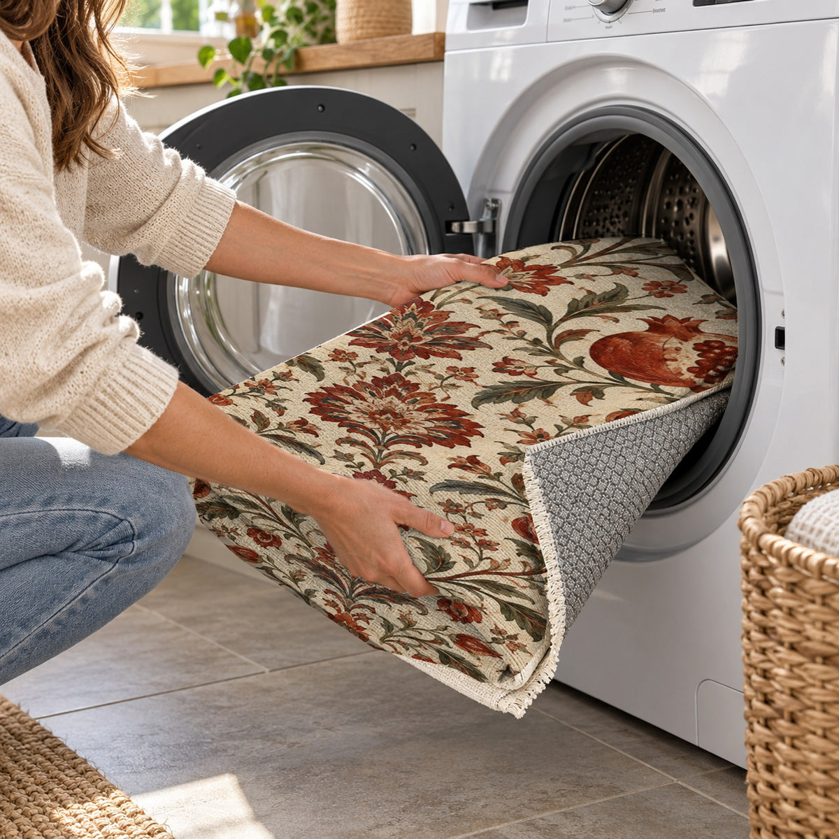 Pomegranate Garden Ethnic Washable Rug — washing machine