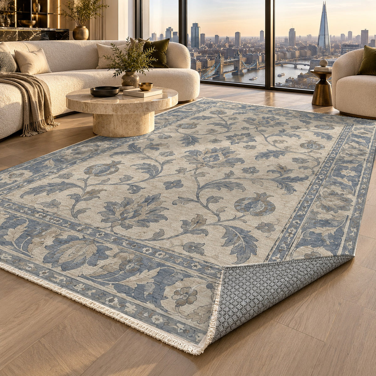 Pomegranate Trails Blue Ivory Classic Washable Rug — london luxury living