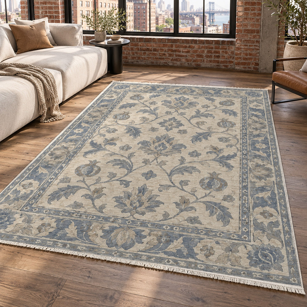 Pomegranate Trails Blue Ivory Classic Washable Rug — new york living