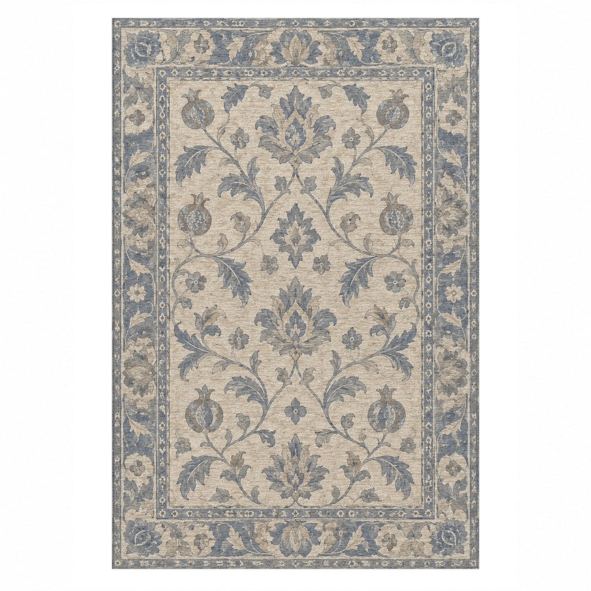 Pomegranate Trails Blue Ivory Classic Washable Rug — top view