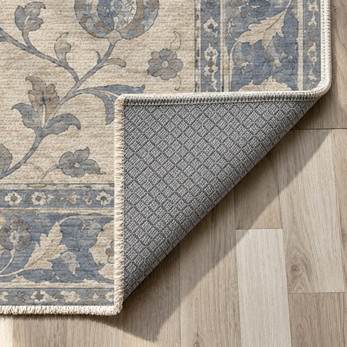 Pomegranate Trails Blue Ivory Classic Washable Rug — backing close up