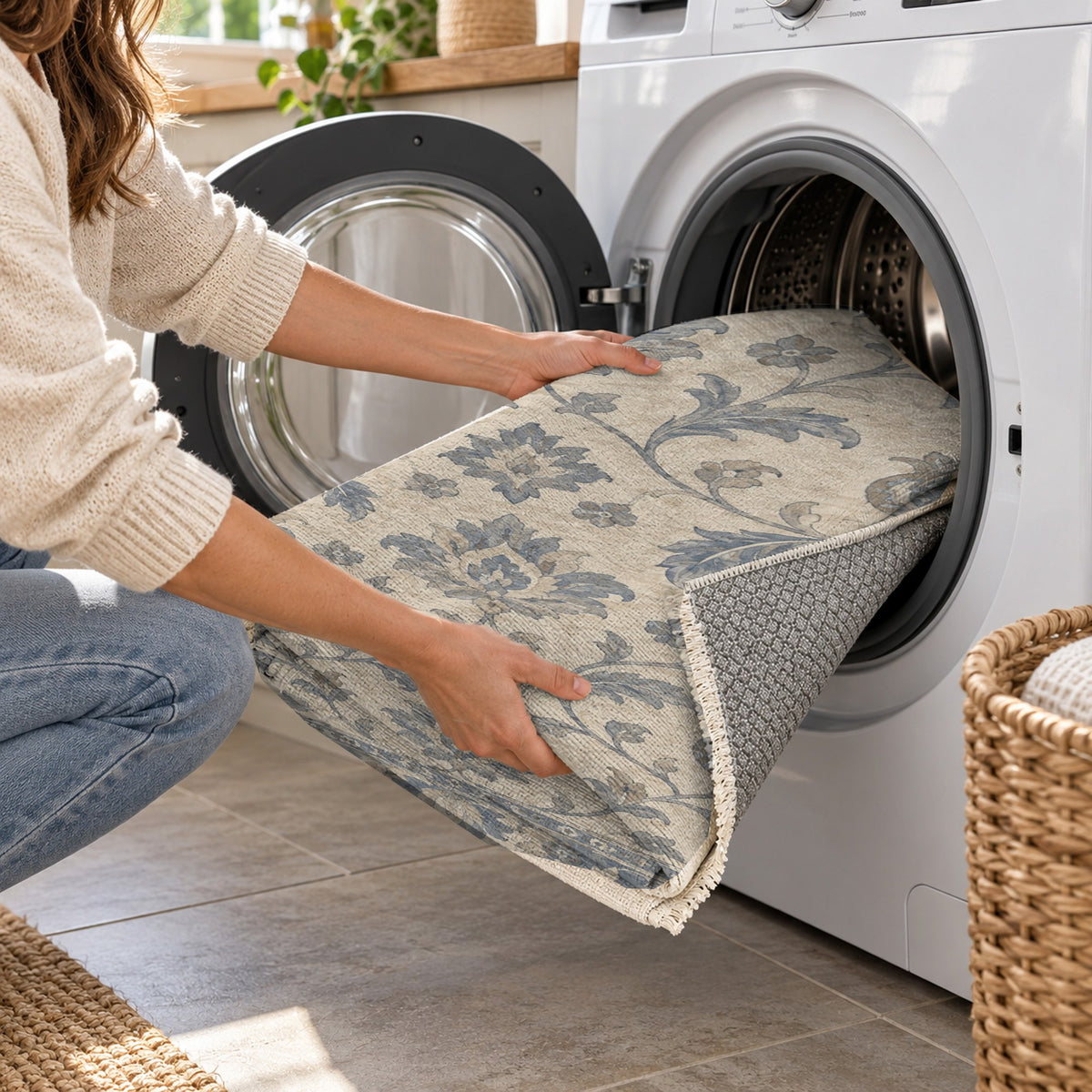 Pomegranate Trails Blue Ivory Classic Washable Rug — washing machine