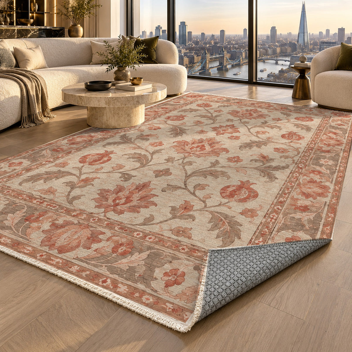 Pomegranate Trails Coral Sand Classic Washable Rug — london luxury living
