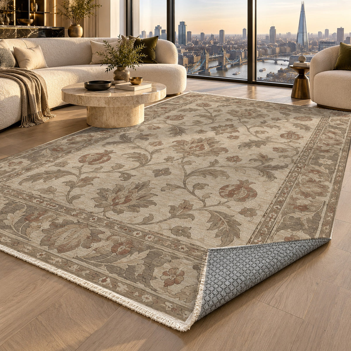 Pomegranate Trails Ivory Taupe Classic Washable Rug — london luxury living
