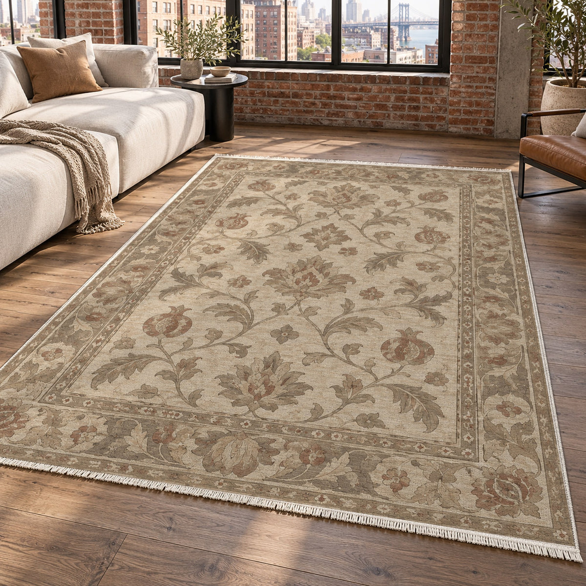 Pomegranate Trails Ivory Taupe Classic Washable Rug — new york living