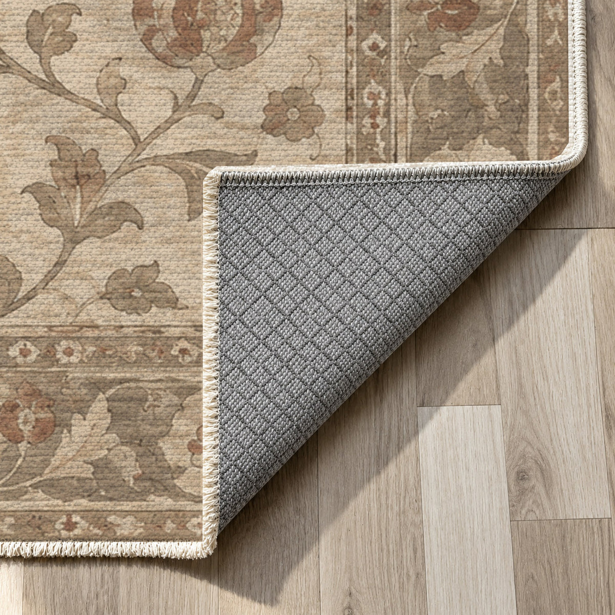 Pomegranate Trails Ivory Taupe Classic Washable Rug — backing close up