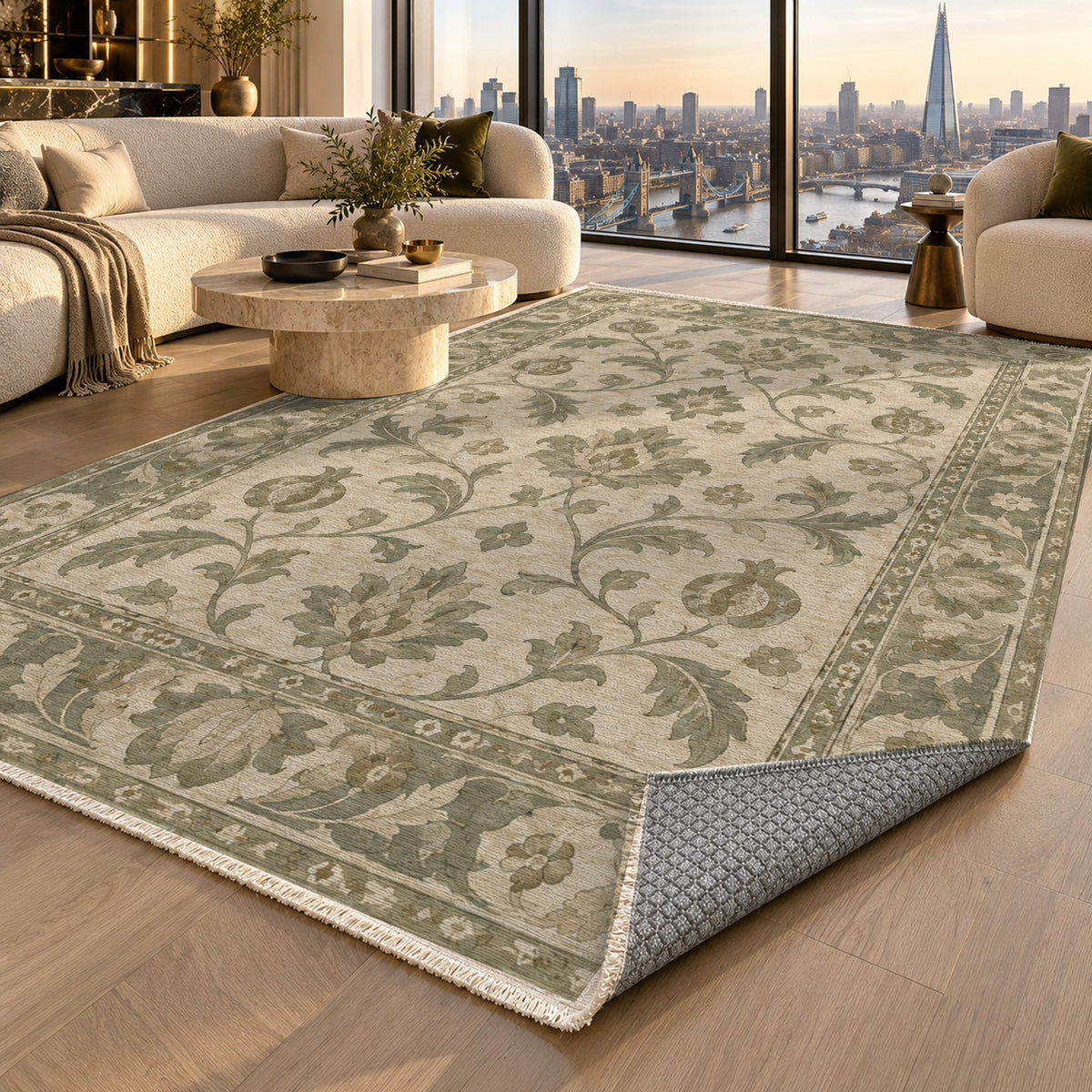 Pomegranate Trails Sage Cream Classic Washable Rug — london luxury living