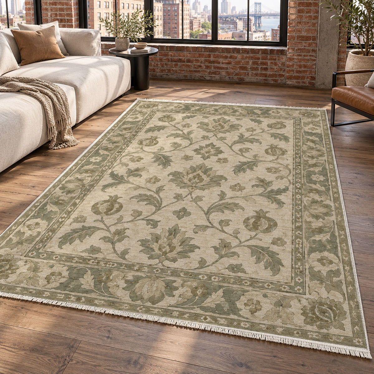 Pomegranate Trails Sage Cream Classic Washable Rug — new york living