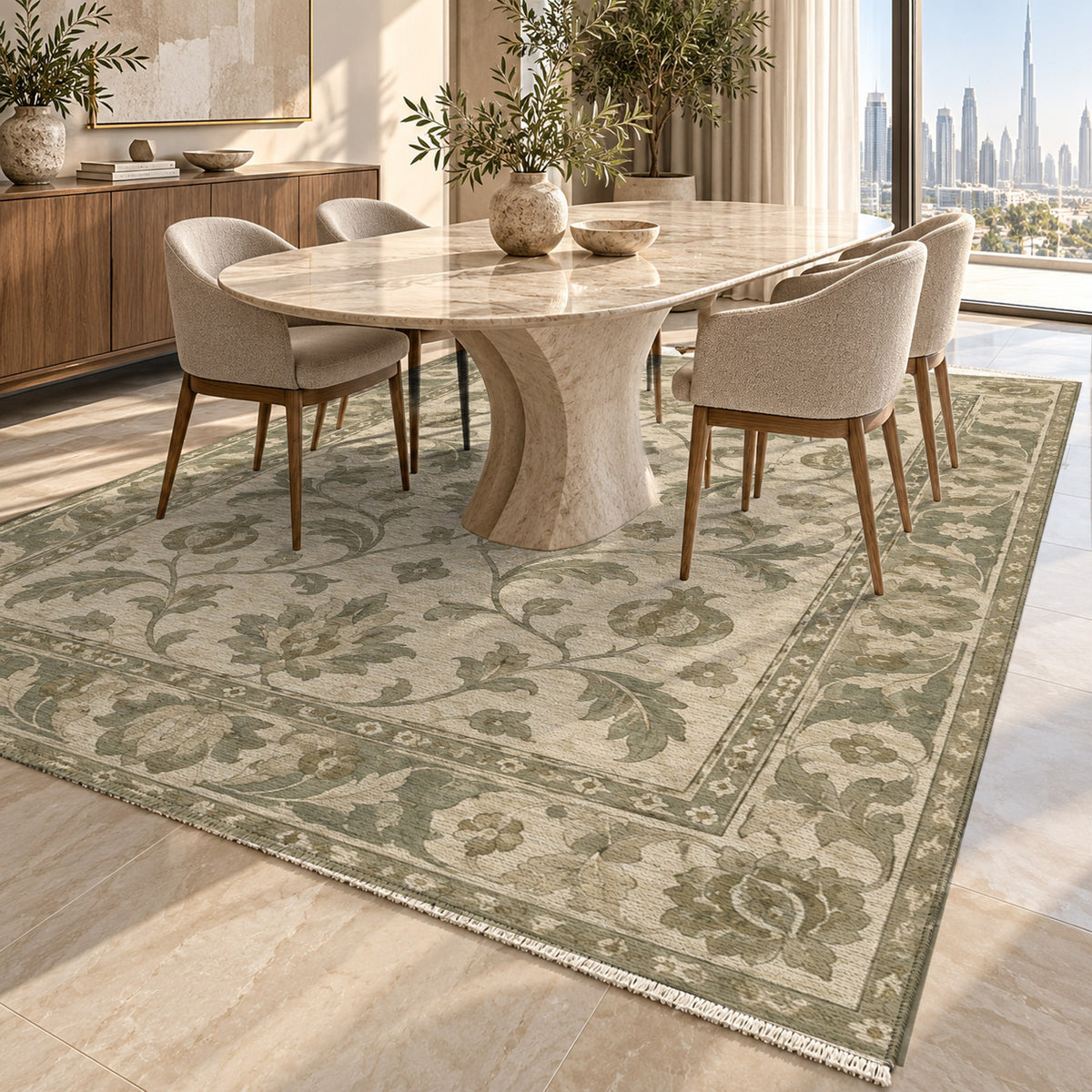 Pomegranate Trails Sage Cream Classic Washable Rug — dubai dining