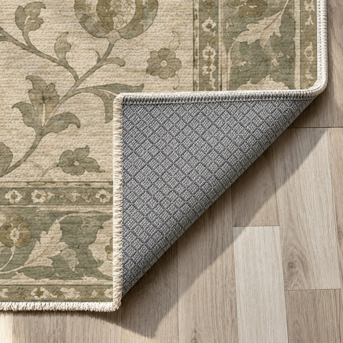 Pomegranate Trails Sage Cream Classic Washable Rug — backing close up