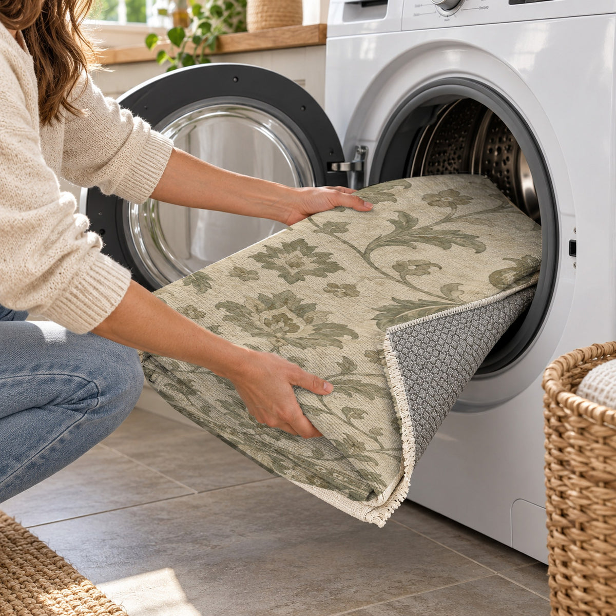 Pomegranate Trails Sage Cream Classic Washable Rug — washing machine