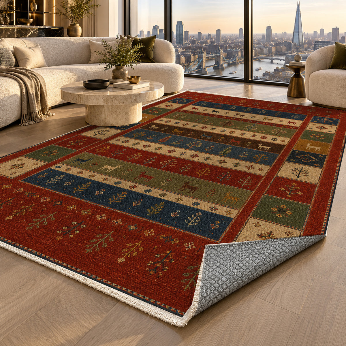 Qashqai Crimson Ethnic Washable Rug — london luxury living