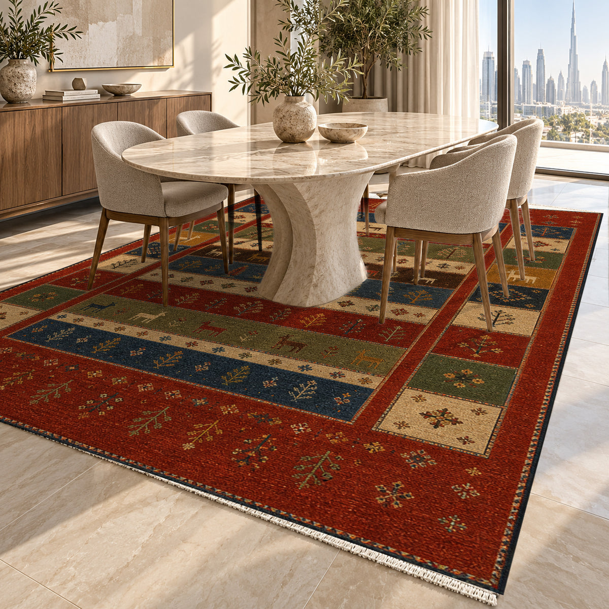 Qashqai Crimson Ethnic Washable Rug — dubai dining