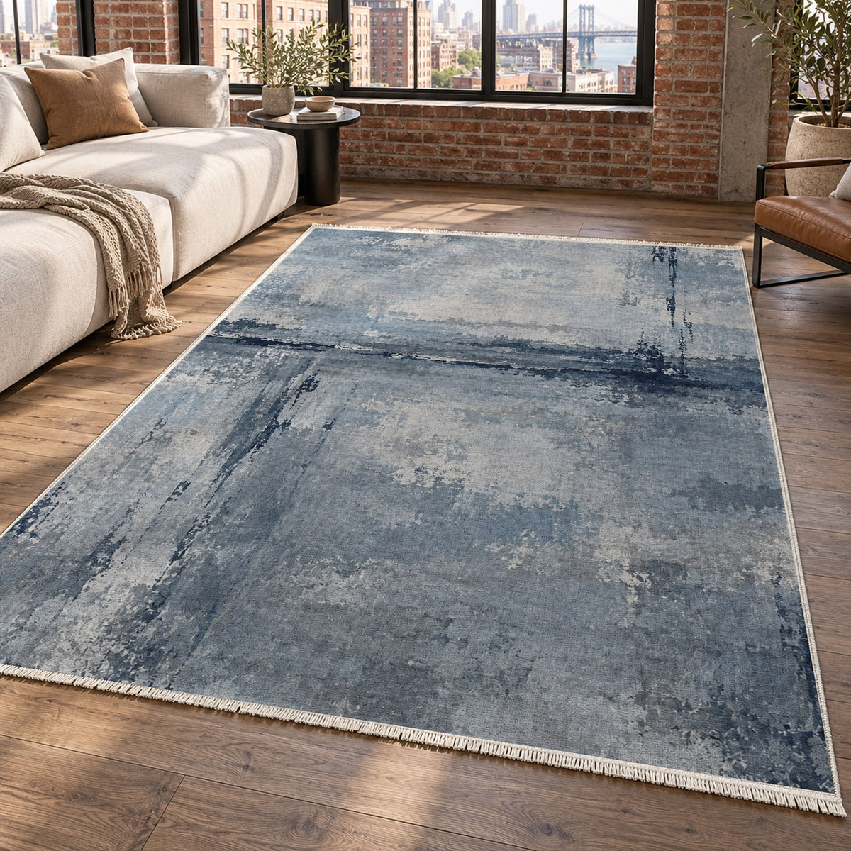 Quiet Horizon Blue Grey Abstract Washable Rug — new york living
