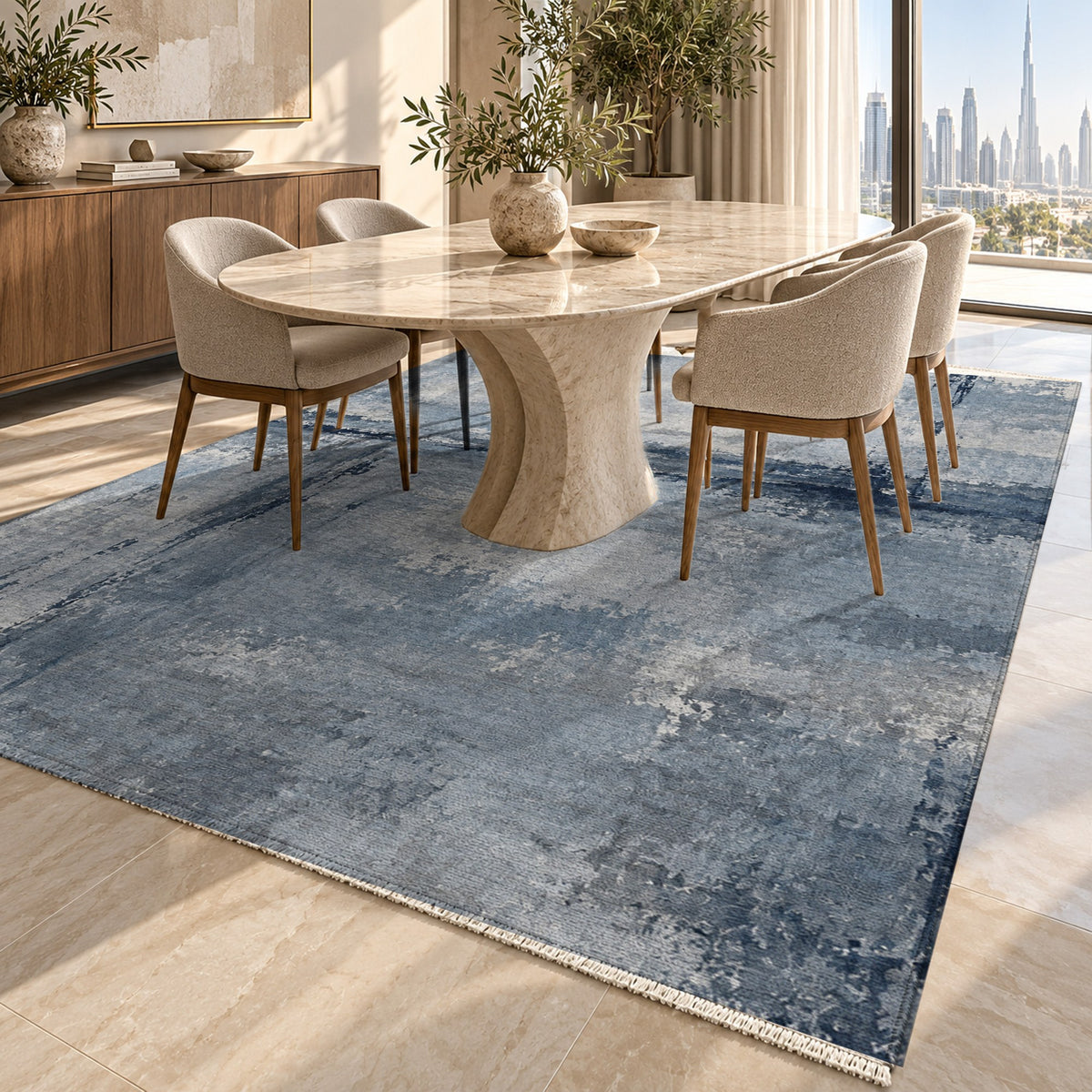 Quiet Horizon Blue Grey Abstract Washable Rug — dubai dining