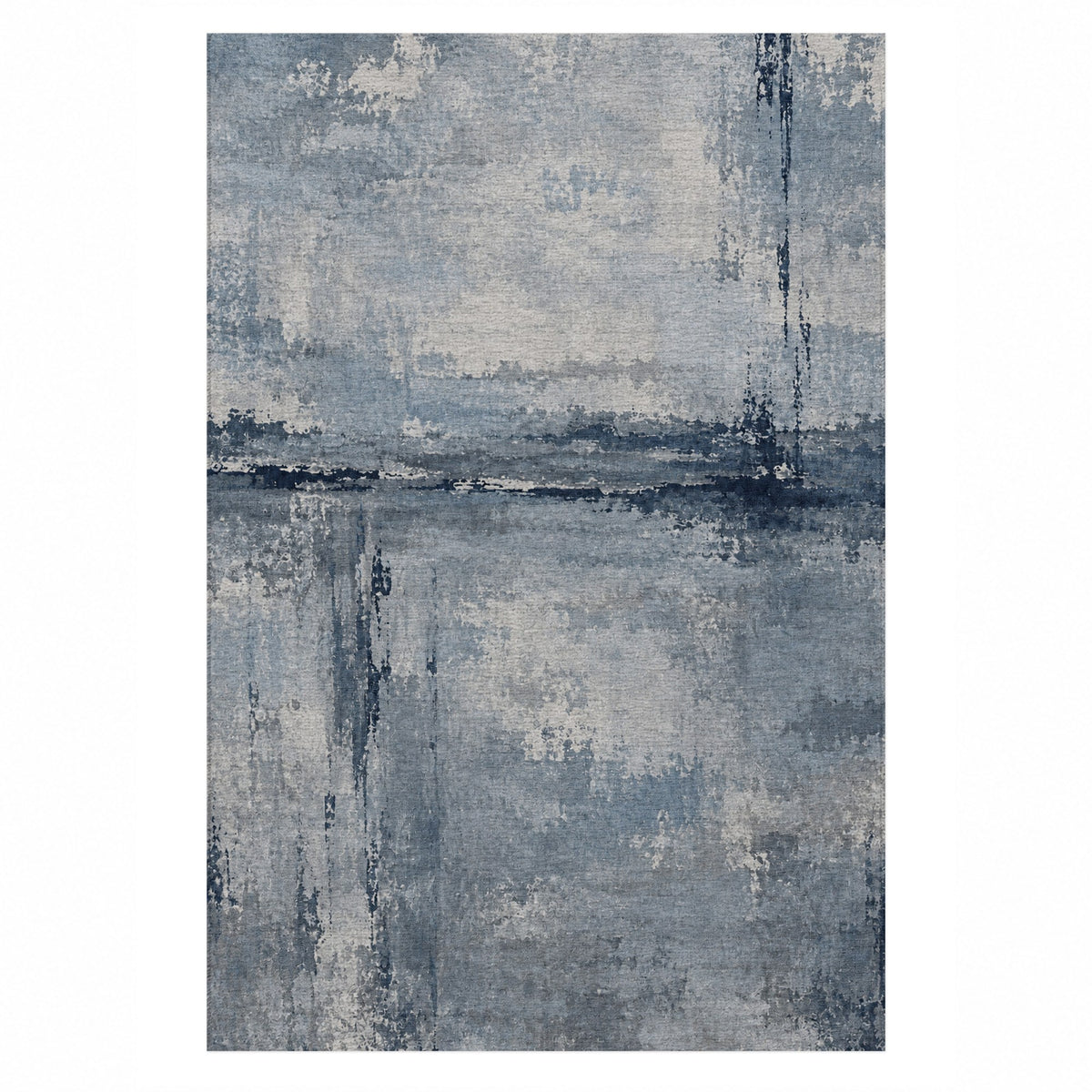 Quiet Horizon Blue Grey Abstract Washable Rug — top view