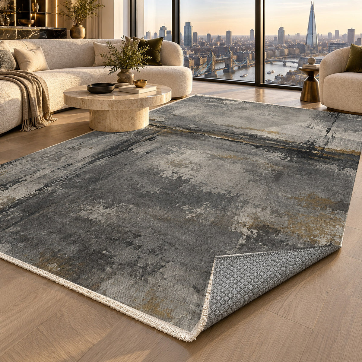 Quiet Horizon Charcoal Gold Abstract Washable Rug — london luxury living