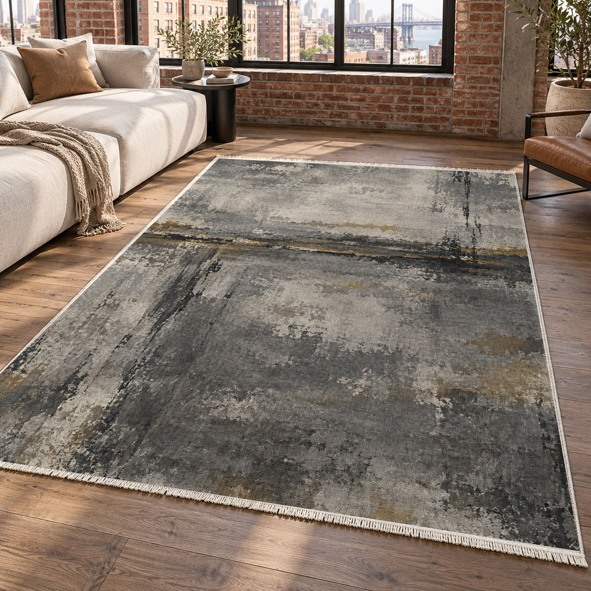 Quiet Horizon Charcoal Gold Abstract Washable Rug — new york living