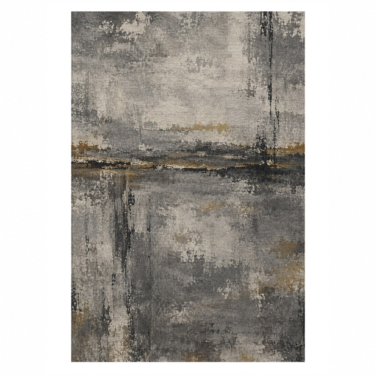 Quiet Horizon Charcoal Gold Abstract Washable Rug — top view