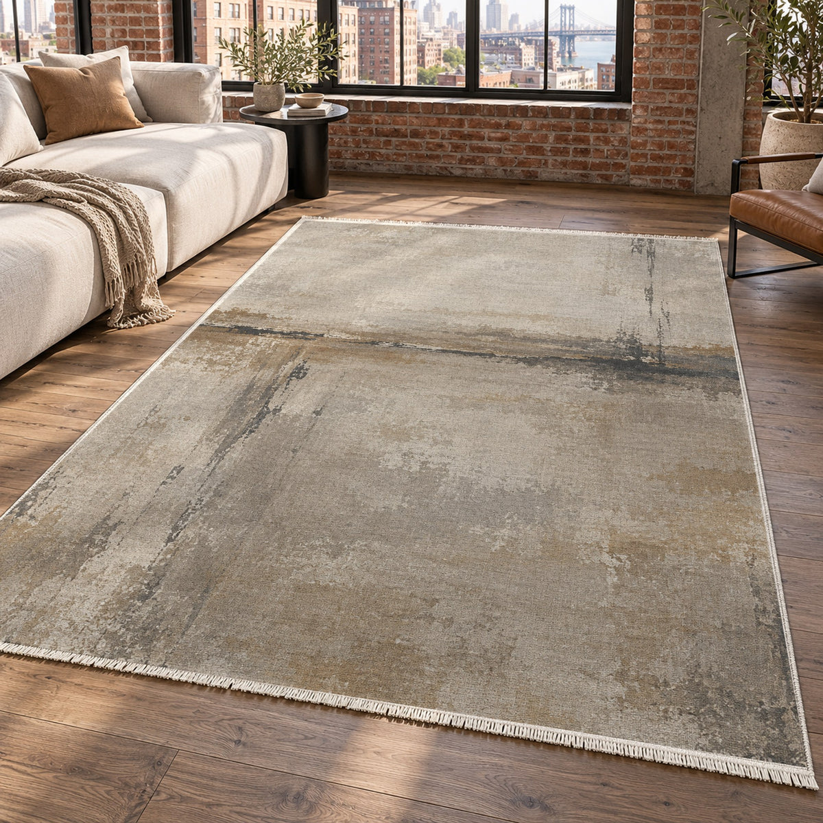 Quiet Horizon Ivory Taupe Abstract Washable Rug — new york living