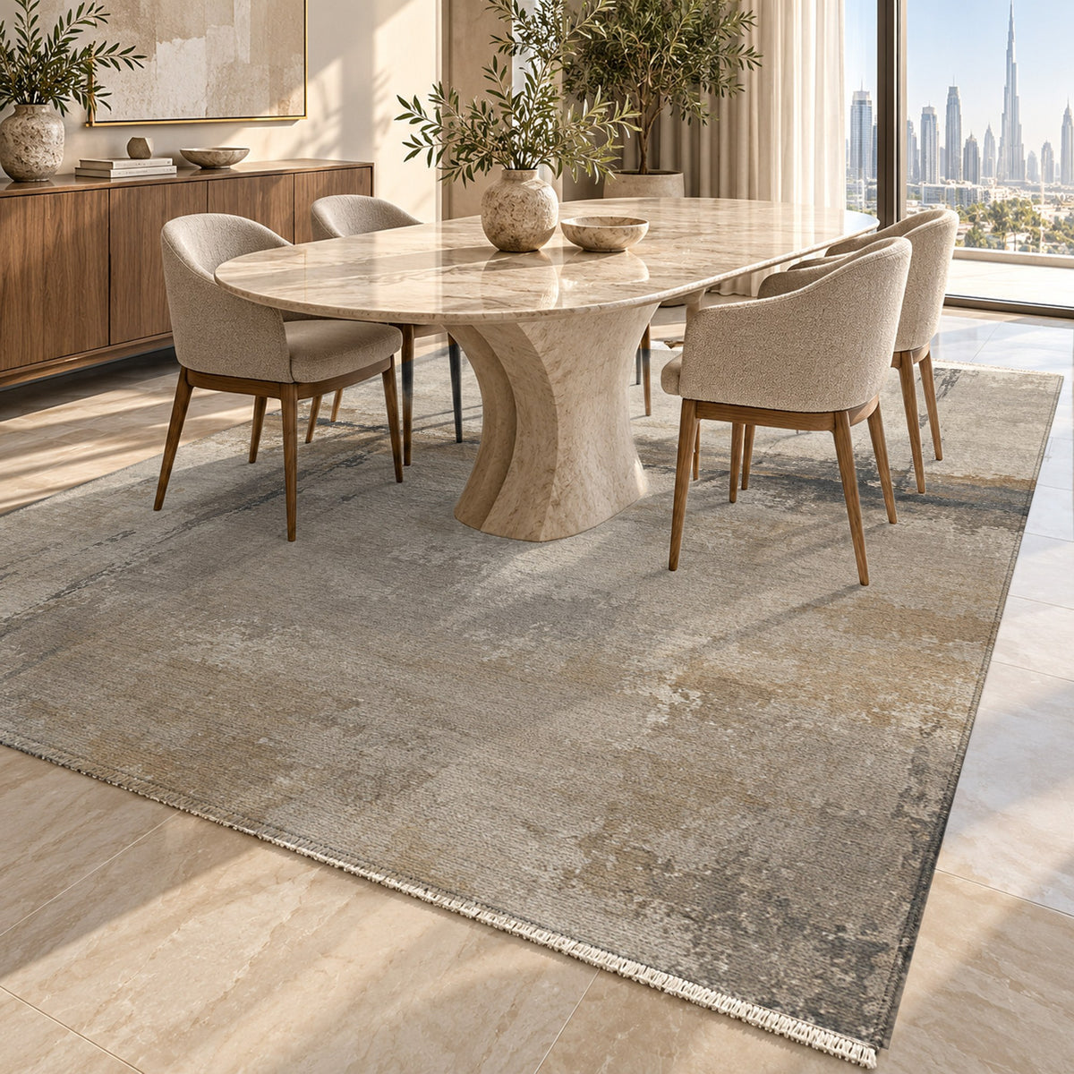 Quiet Horizon Ivory Taupe Abstract Washable Rug — dubai dining