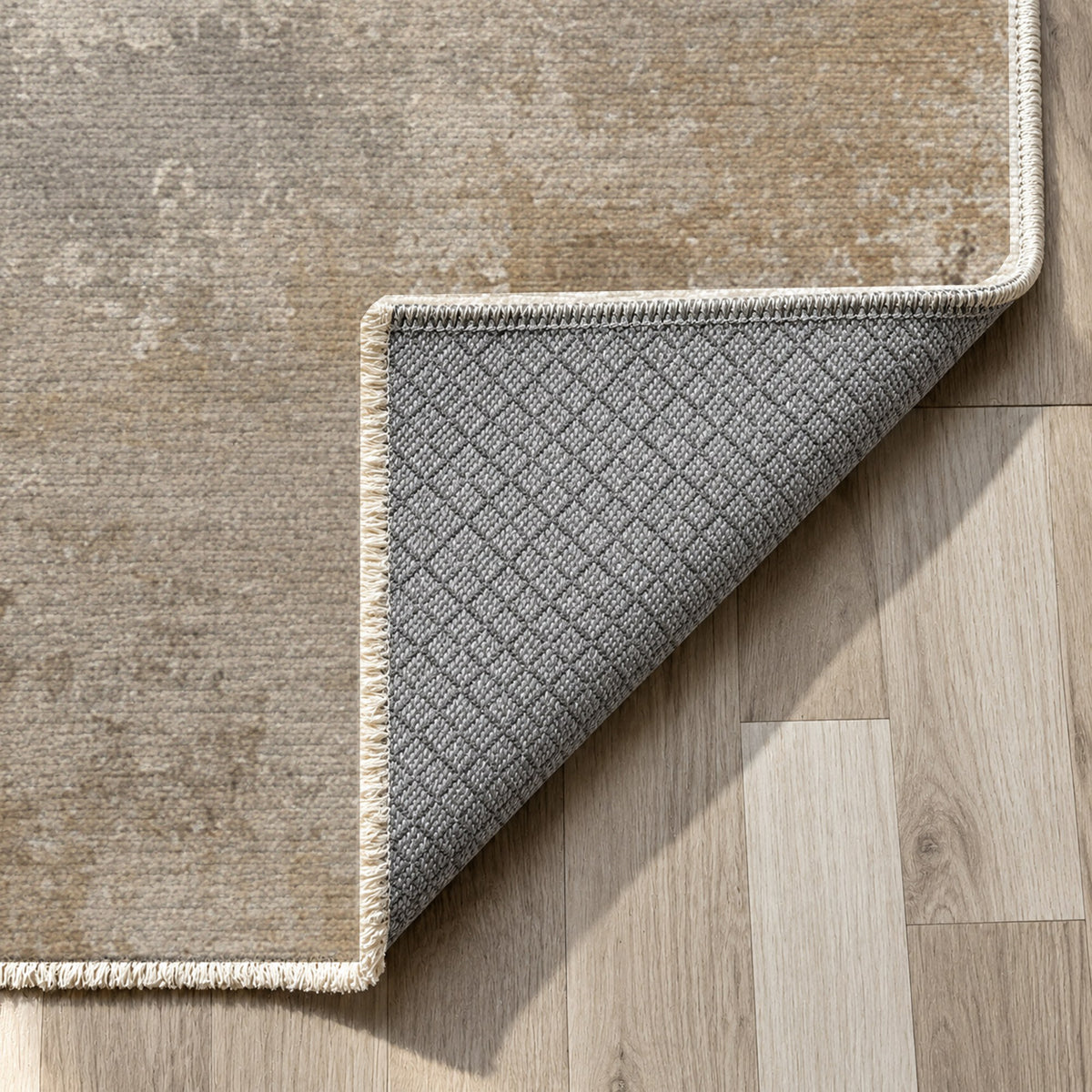 Quiet Horizon Ivory Taupe Abstract Washable Rug — backing close up