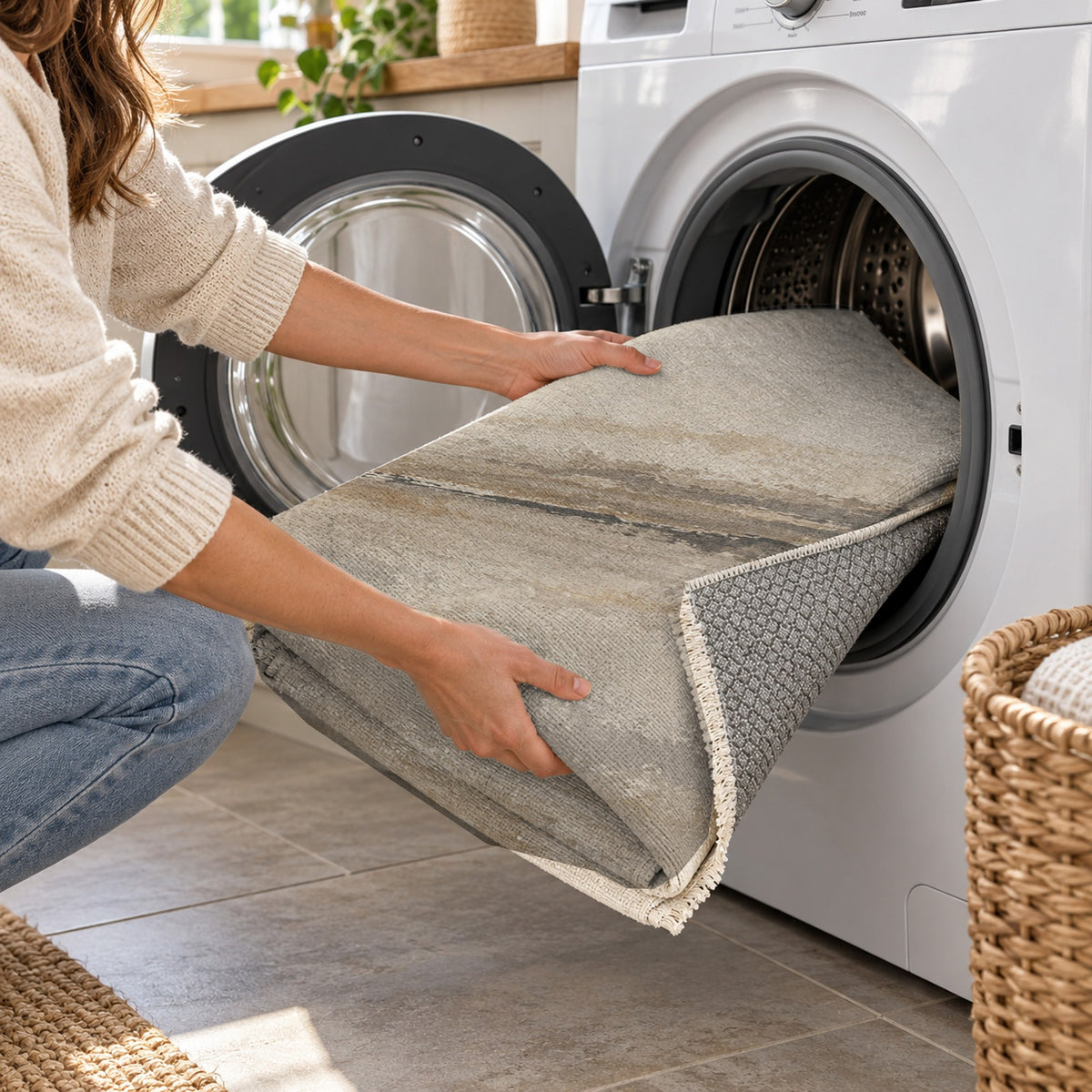 Quiet Horizon Ivory Taupe Abstract Washable Rug — washing machine