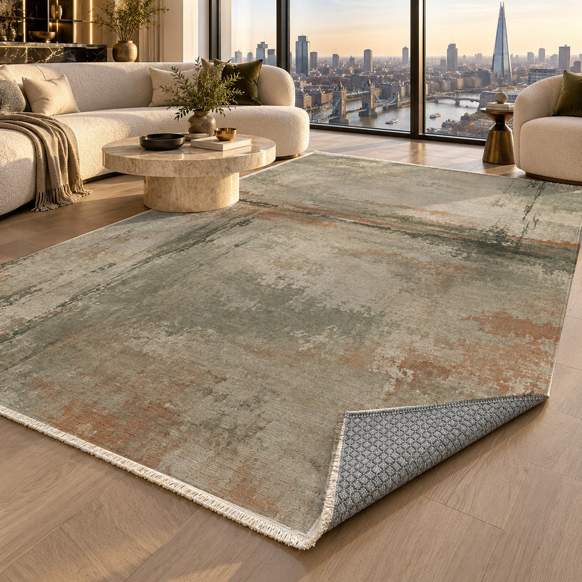 Quiet Horizon Sage Clay Abstract Washable Rug — london luxury living
