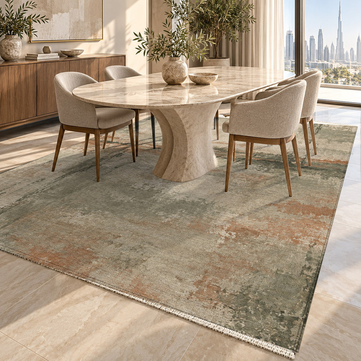 Quiet Horizon Sage Clay Abstract Washable Rug — dubai dining