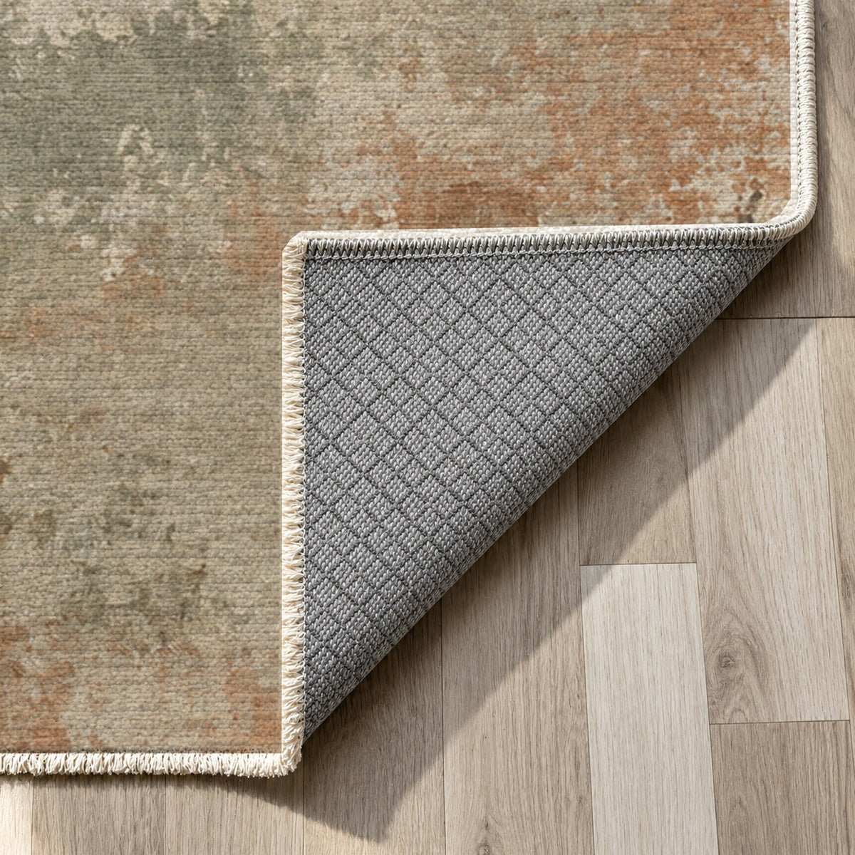 Quiet Horizon Sage Clay Abstract Washable Rug — backing close up