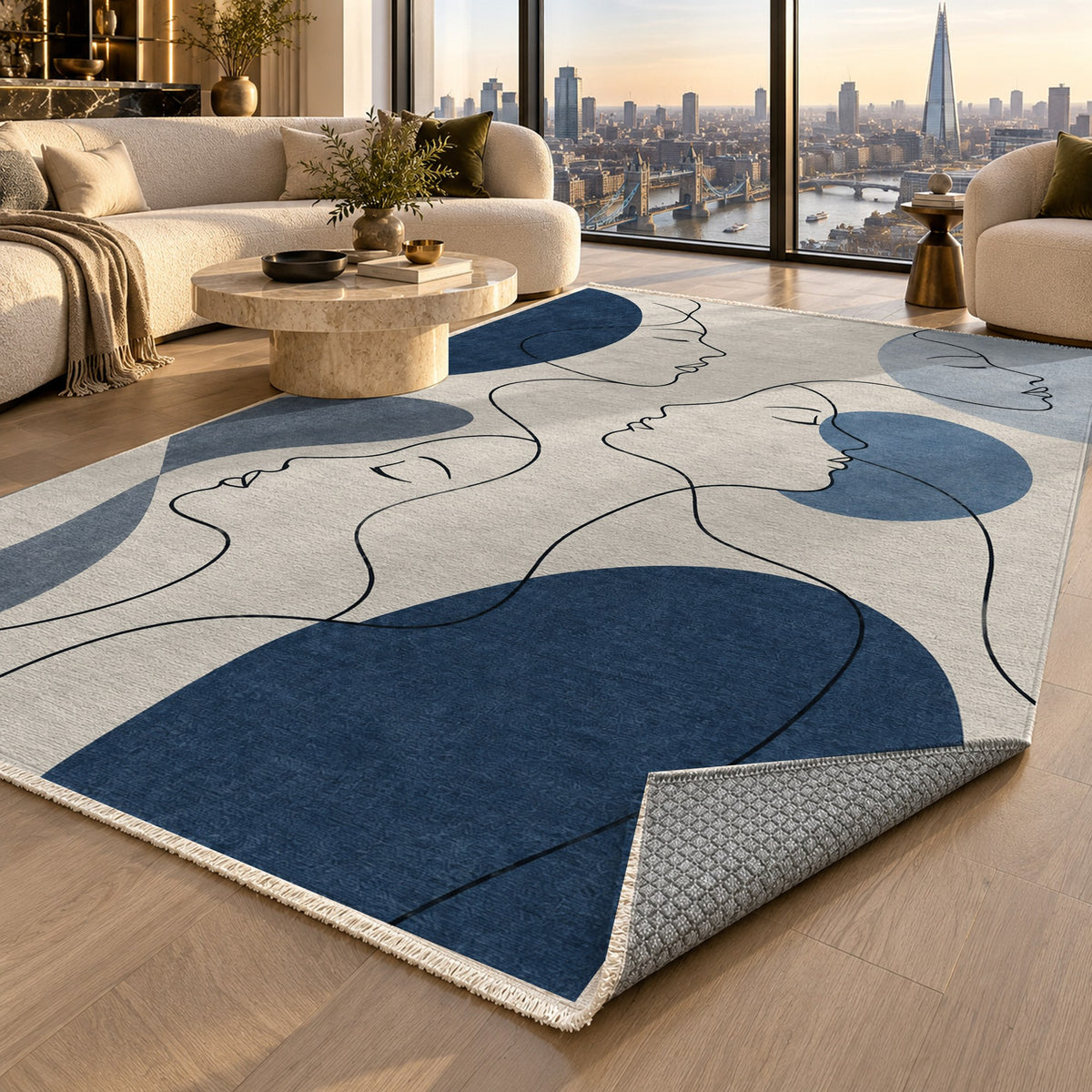 Quiet Profiles Indigo Abstract Washable Rug — london luxury living