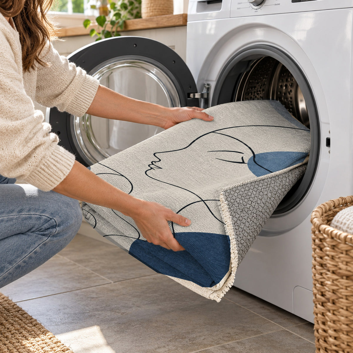 Quiet Profiles Indigo Abstract Washable Rug — washing machine