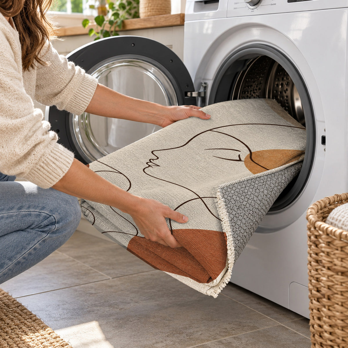Quiet Profiles Terracotta Abstract Washable Rug — washing machine