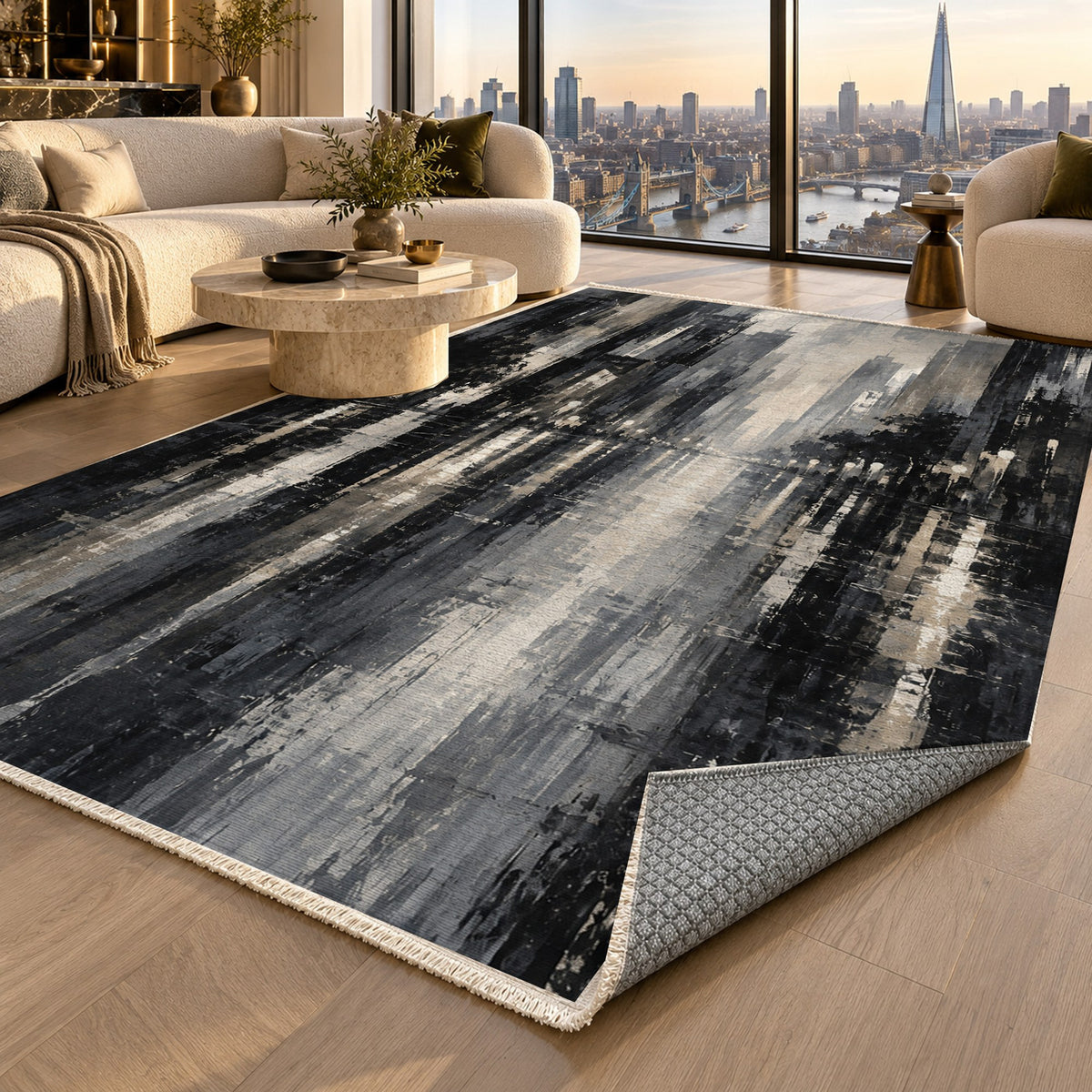 Rainy Boulevard Charcoal Modern Washable Rug — london luxury living