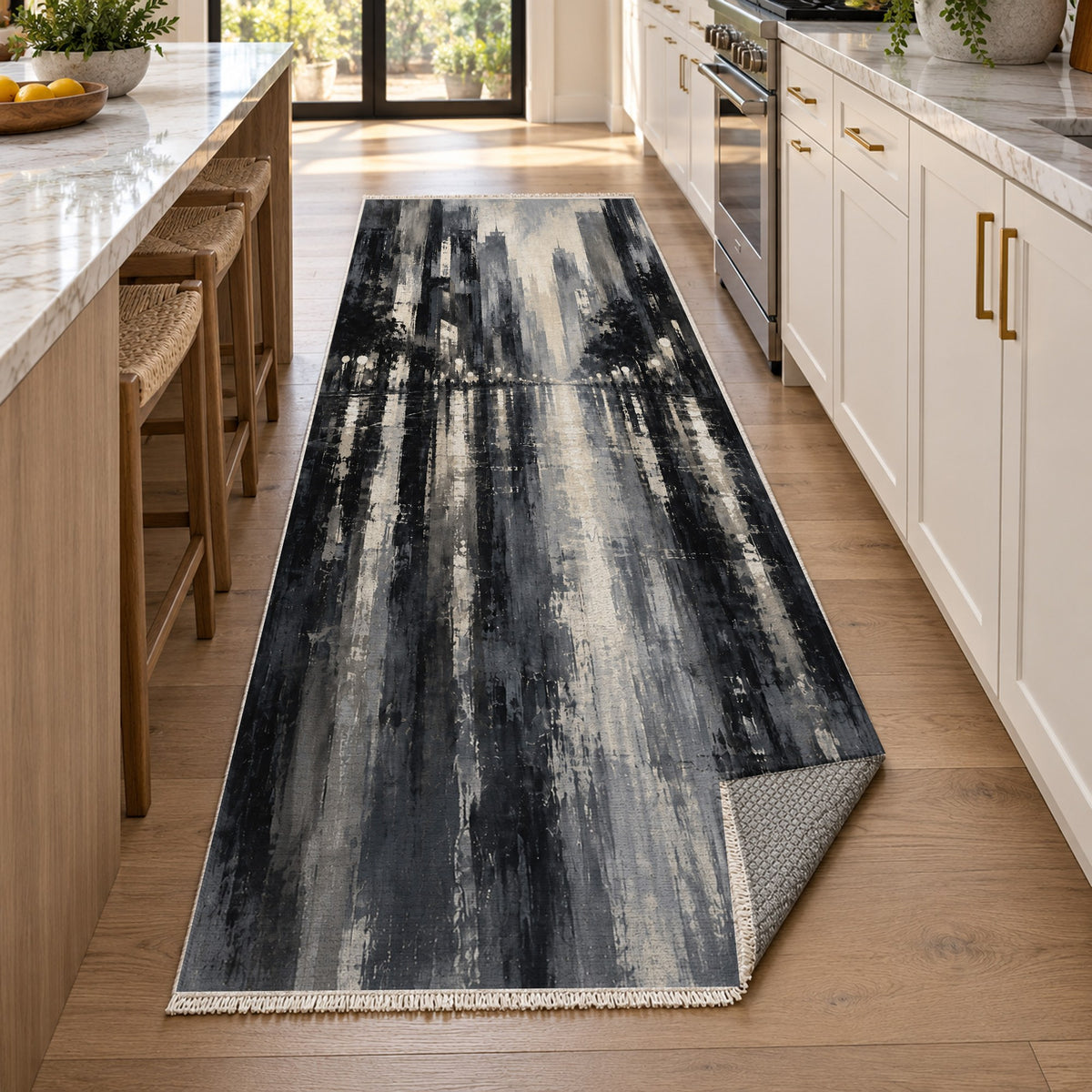 Rainy Boulevard Charcoal Modern Washable Rug — new york kitchen runner