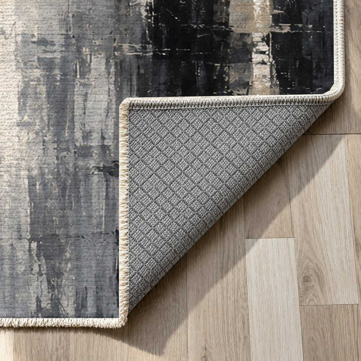 Rainy Boulevard Charcoal Modern Washable Rug — backing close up