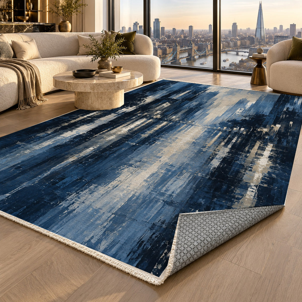 Rainy Boulevard Indigo Modern Washable Rug — london luxury living