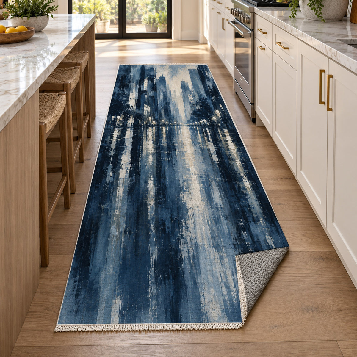Rainy Boulevard Indigo Modern Washable Rug — new york kitchen runner