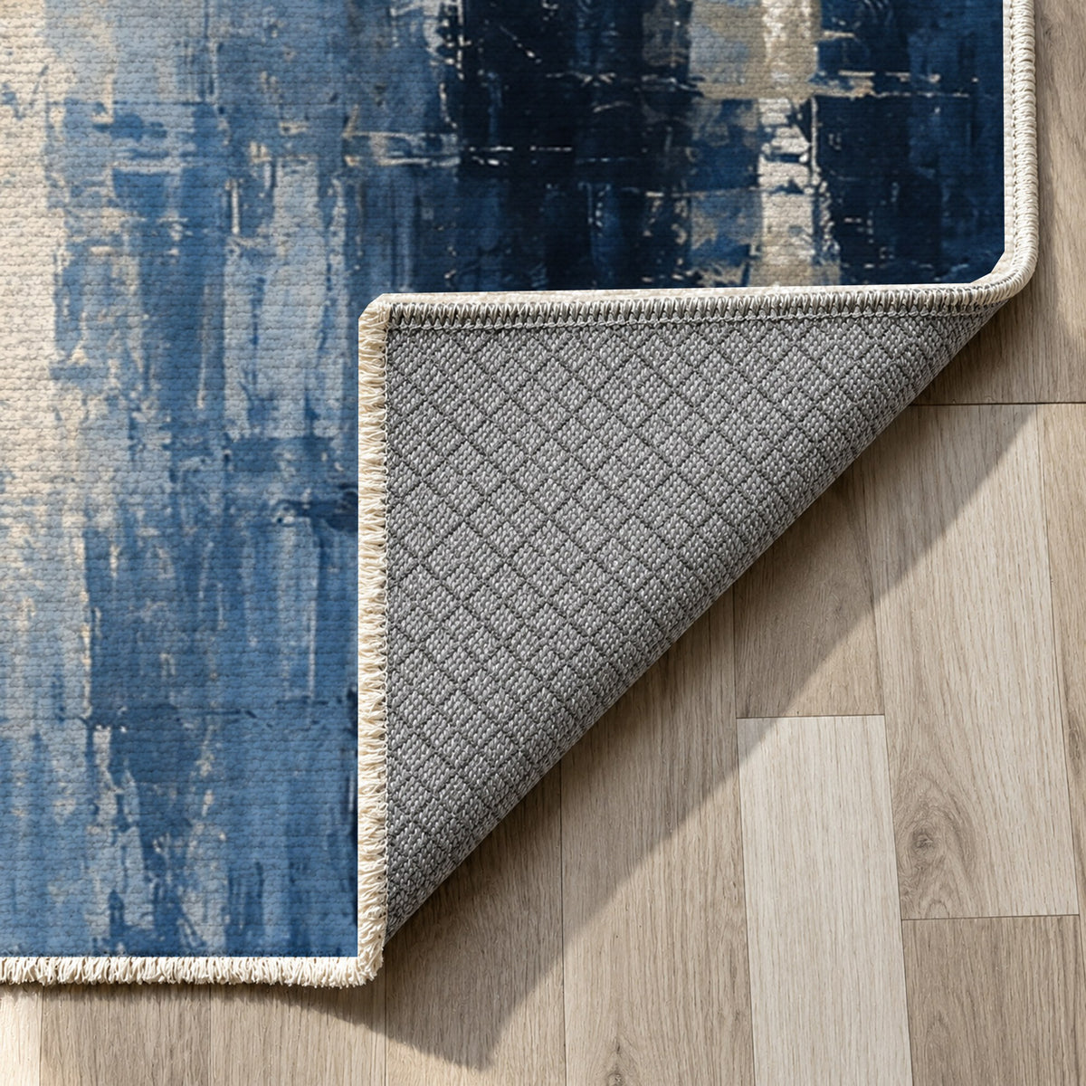 Rainy Boulevard Indigo Modern Washable Rug — backing close up