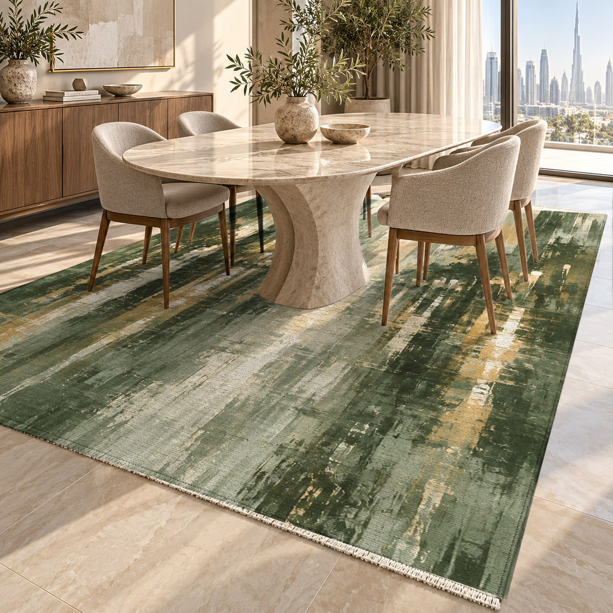 Rainy Boulevard Sage Modern Washable Rug — dubai dining